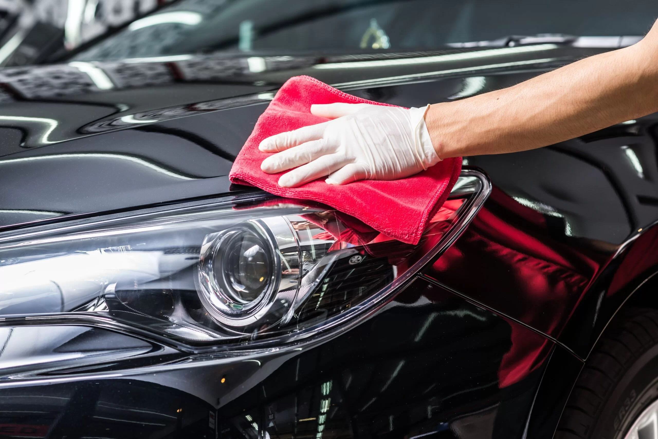 Polished vehicle surface reflecting light after professional paint care